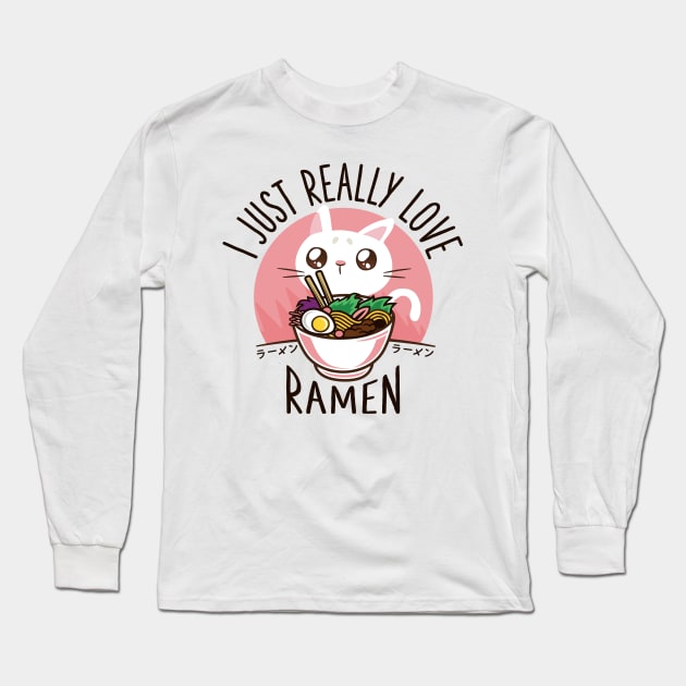 Love Ramen Japanese Noodles Kawaii Anime Cat Long Sleeve T-Shirt by Evoke Collective